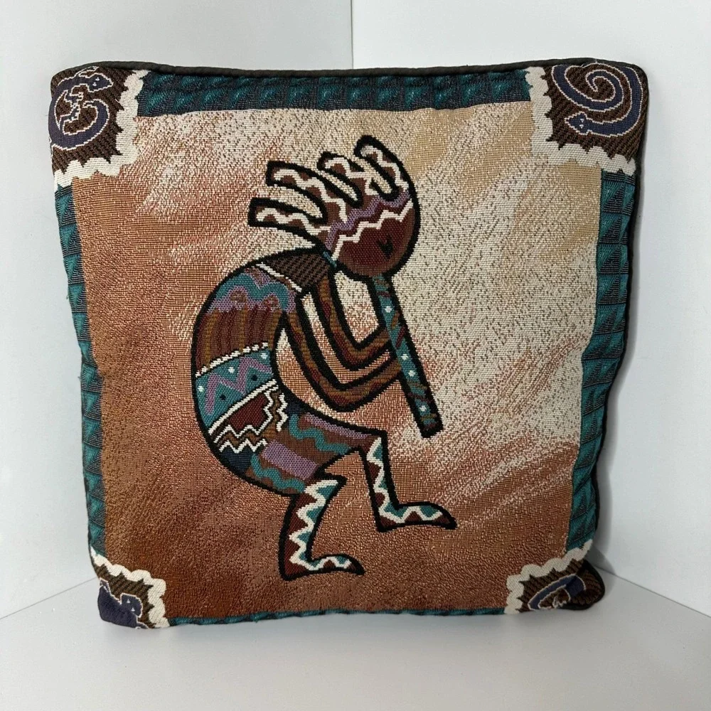 Kokopelli Woven Tapestry‎ Throw Pillow Southwest Flute Player 2 Sided 15x15